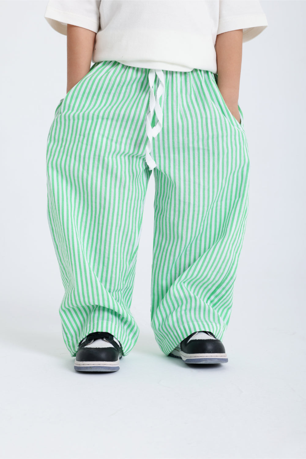 unisex baby cotton pants – striped green & white