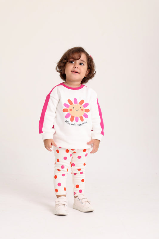 baby girls cotton outfit set – offwhite & fuchsia with "little miss sunshine" design