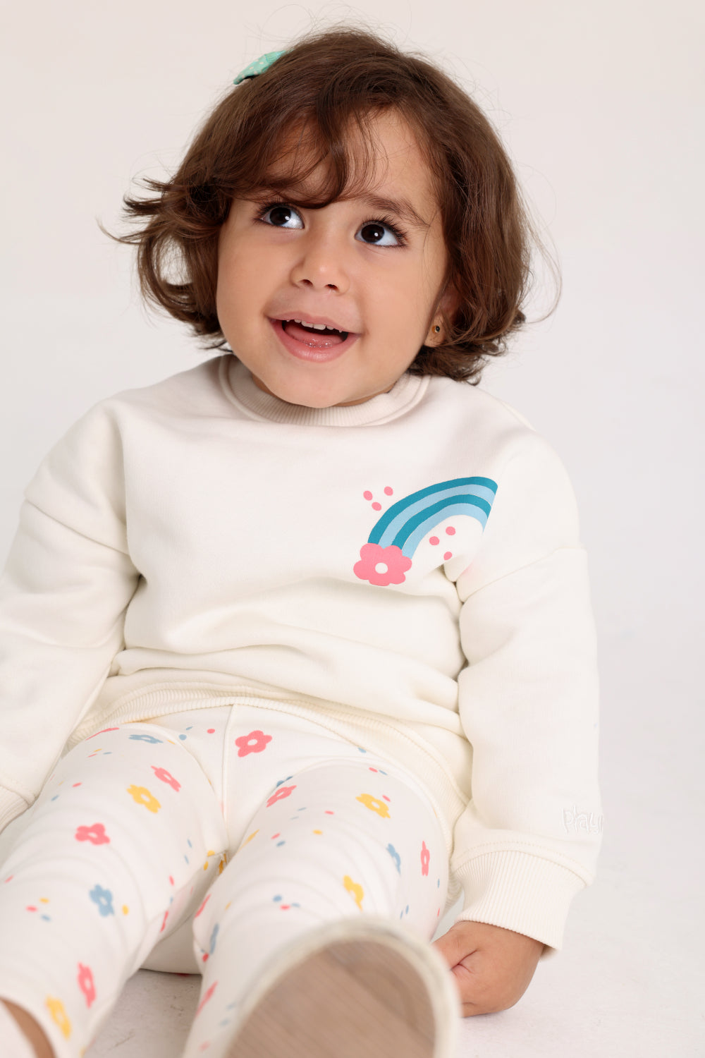 baby girls cotton outfit set – off-white with rainbow & flowers print