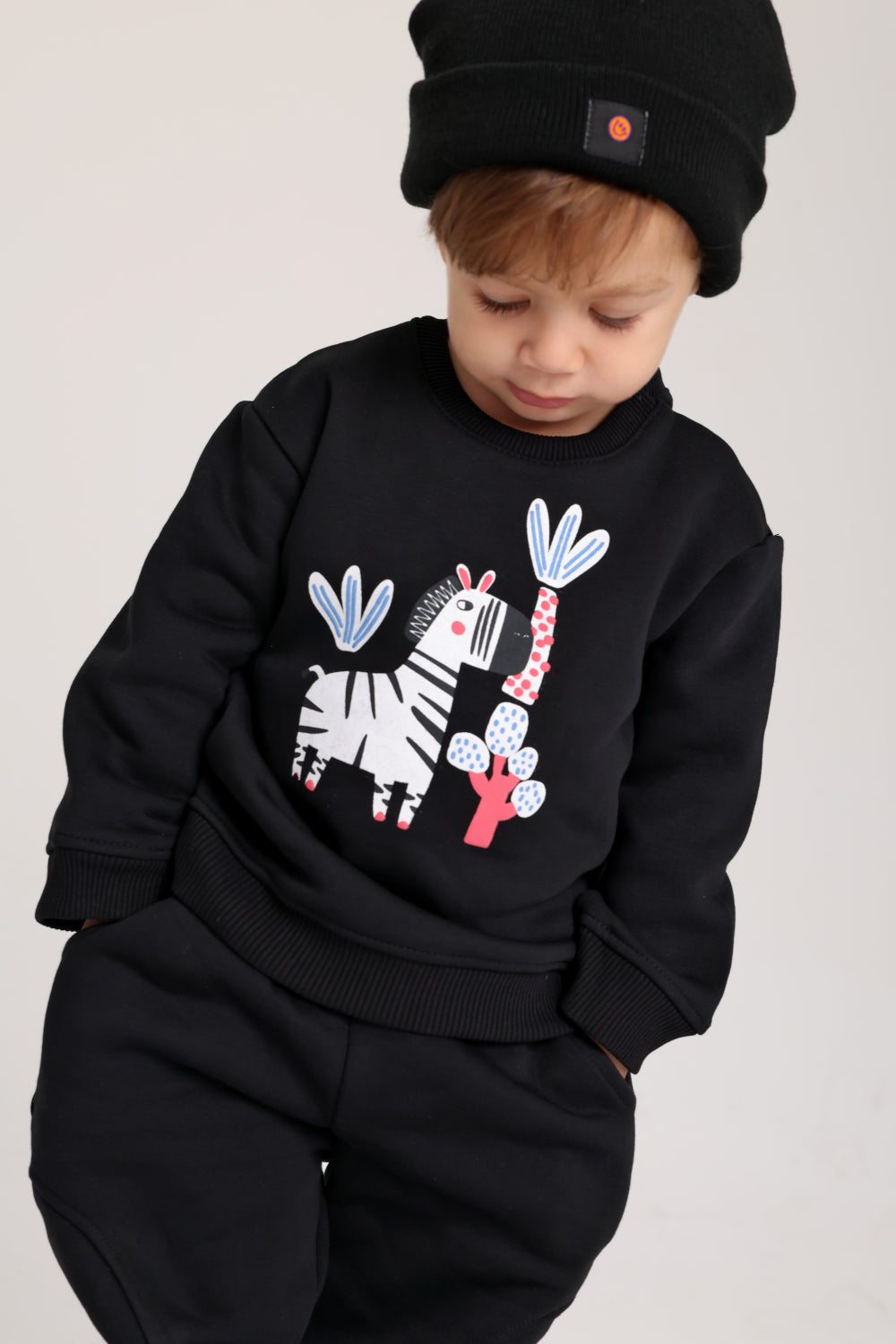 unisex cotton sweatshirt – black with zebra print