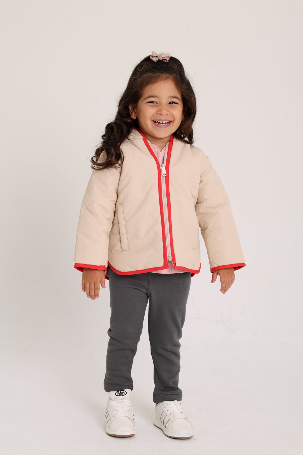 girls waterproof reversible jacket – beige & pink