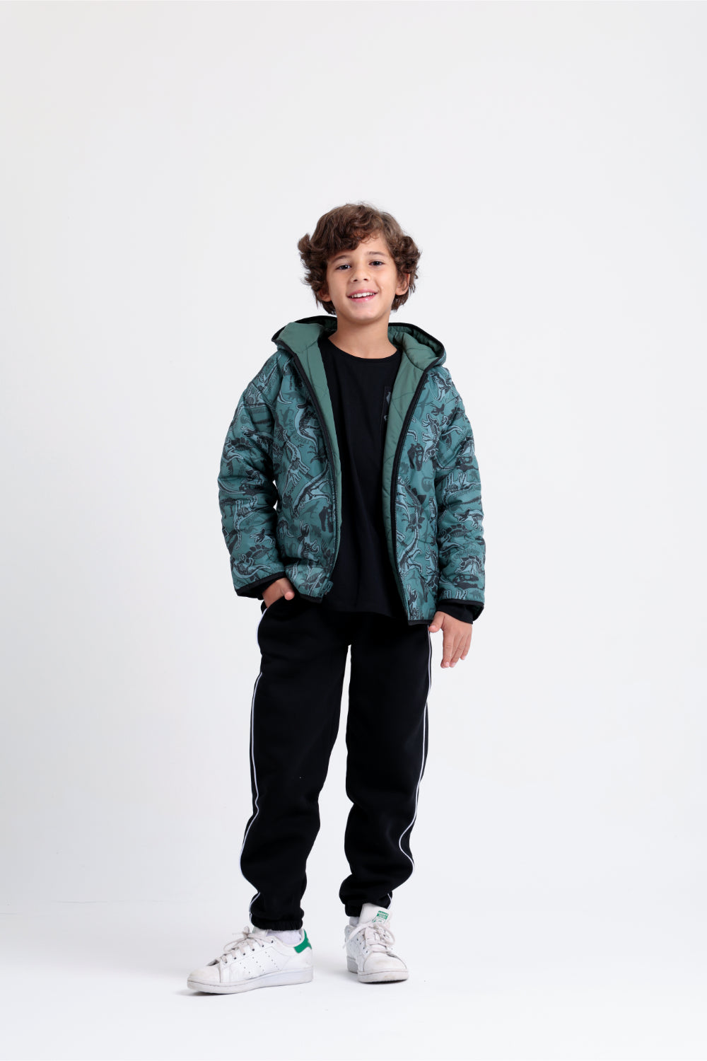 boys waterproof reversible quilted jacket - dark green with dino print