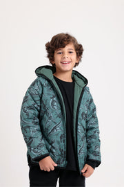 boys waterproof reversible quilted jacket - dark green with dino print