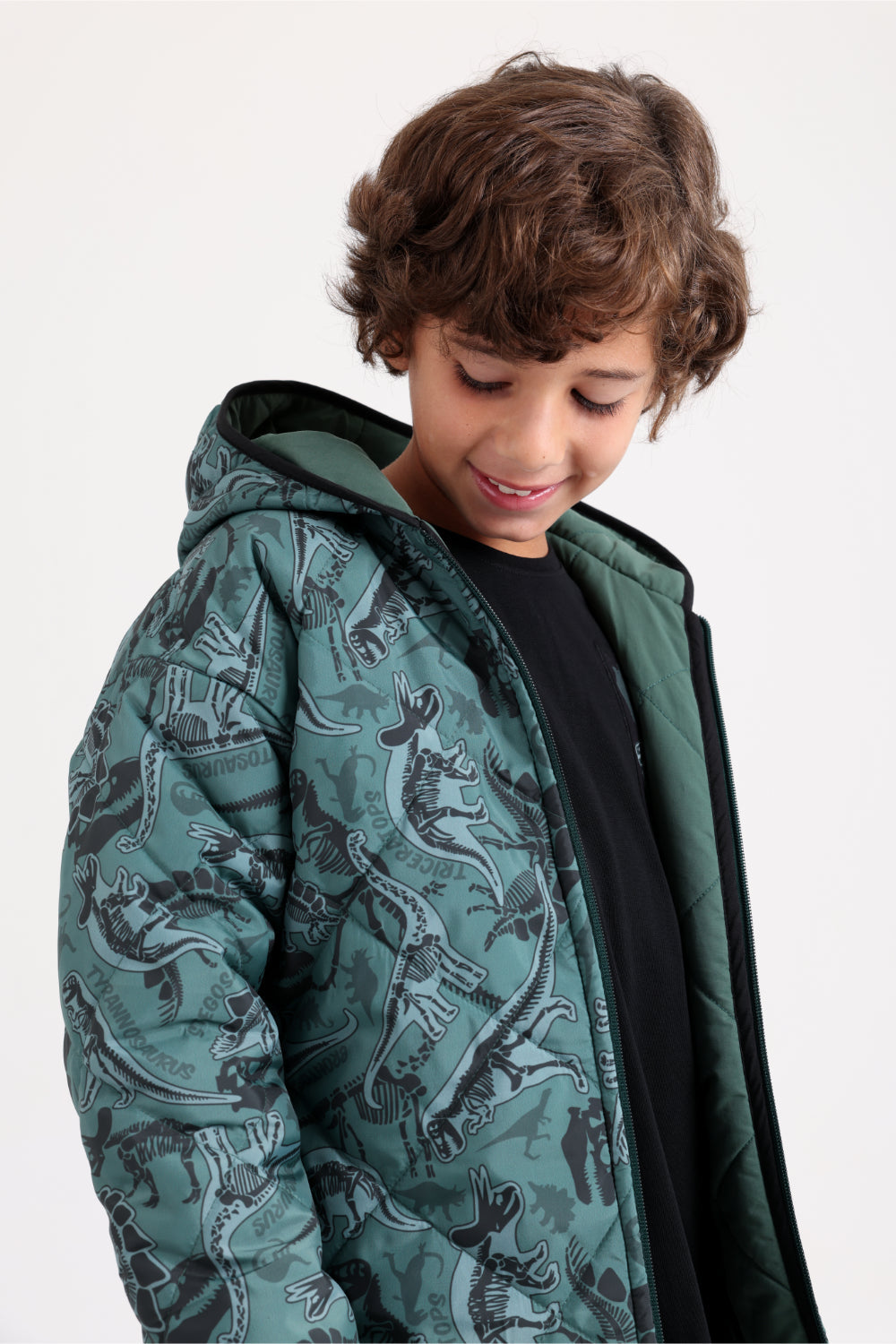boys waterproof reversible quilted jacket - dark green with dino print