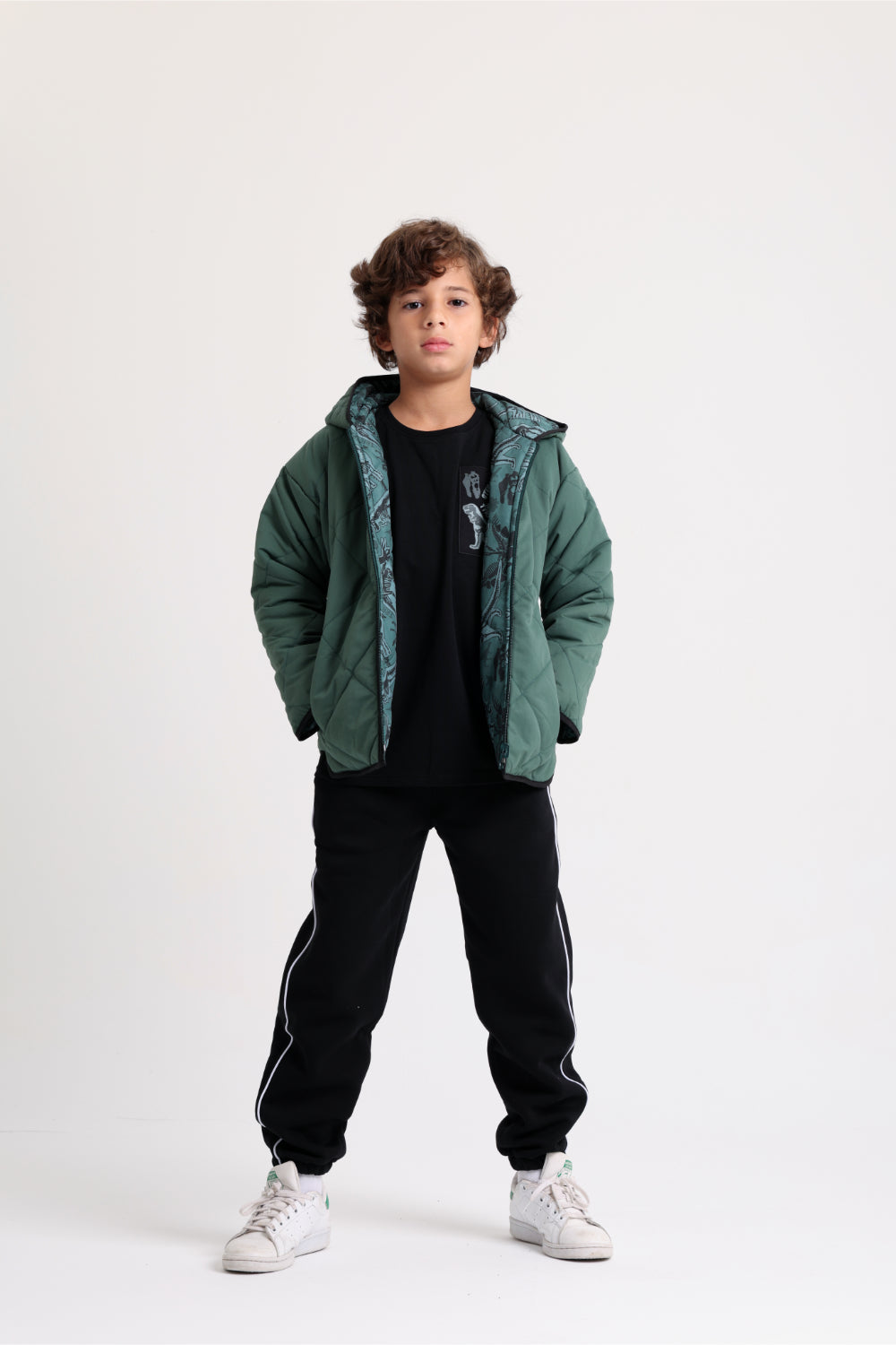 boys waterproof reversible quilted jacket - dark green with dino print
