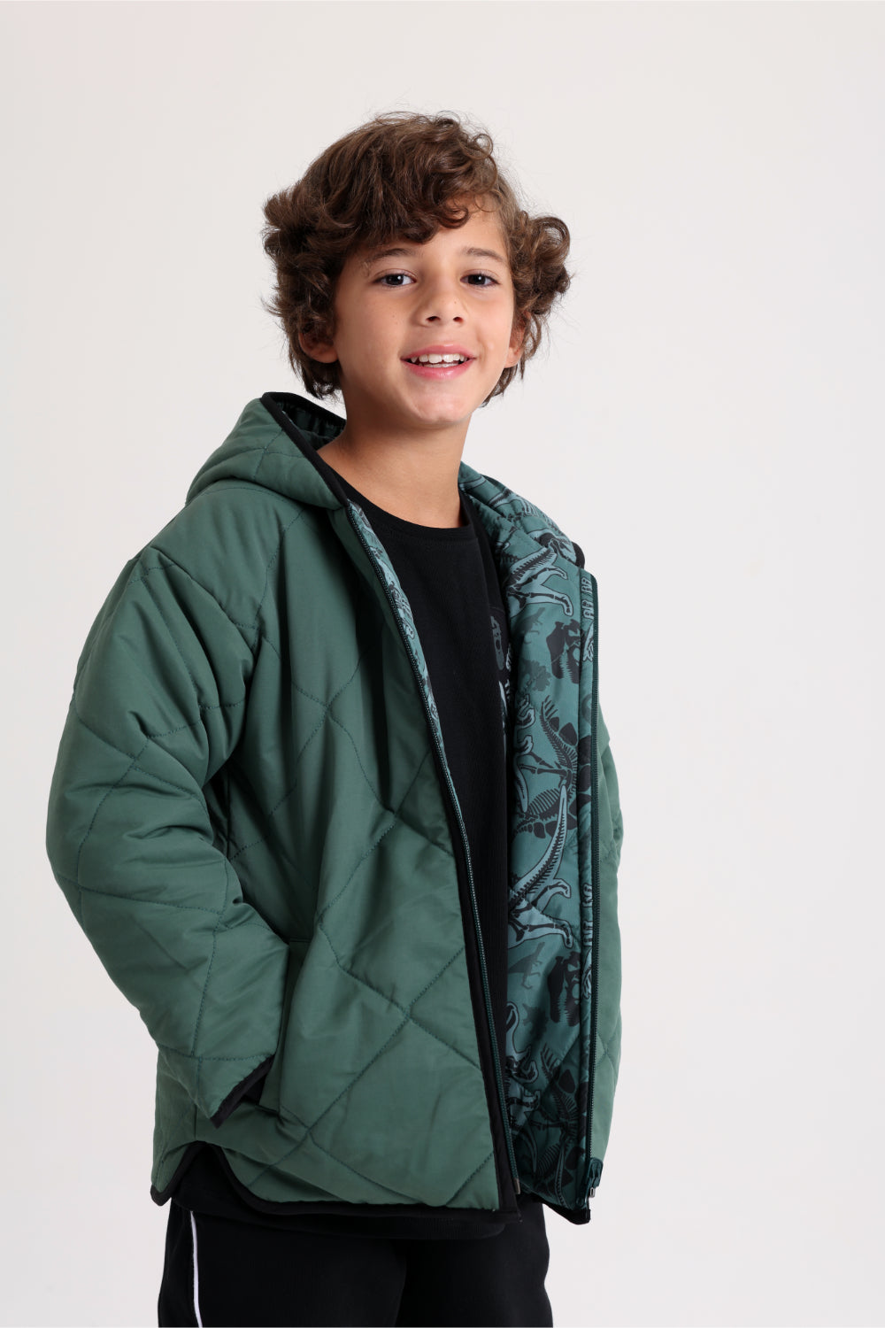 boys waterproof reversible quilted jacket - dark green with dino print