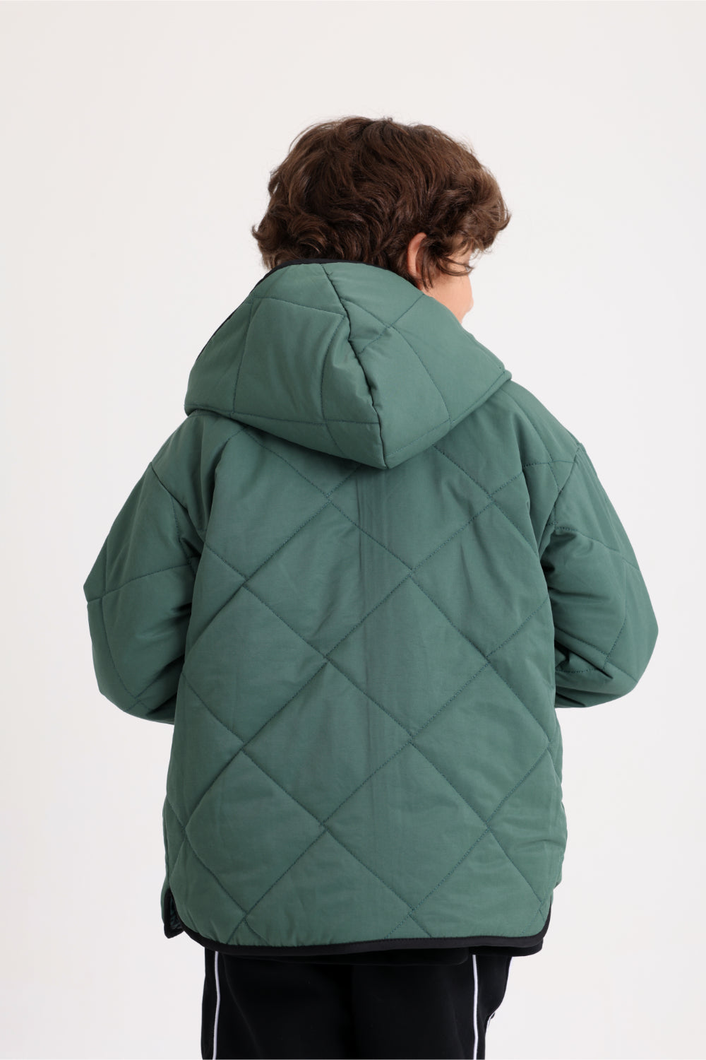 boys waterproof reversible quilted jacket - dark green with dino print