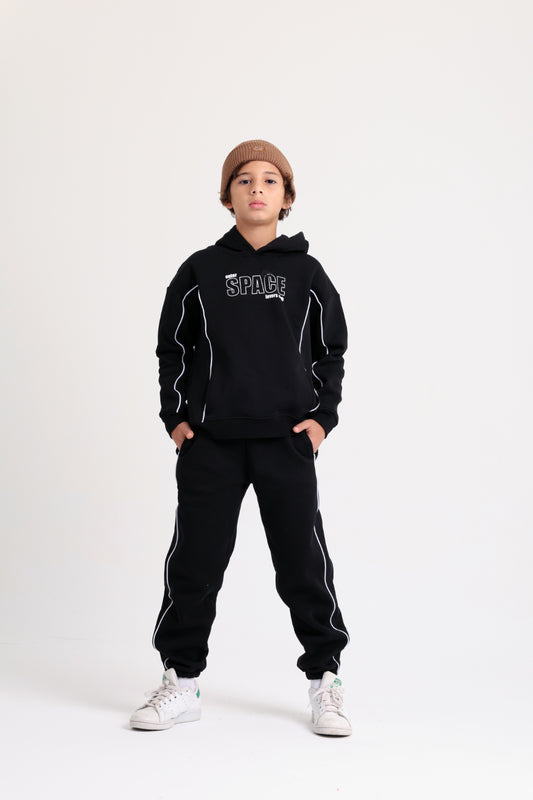 boys cotton hoodie – black with "outer space" print