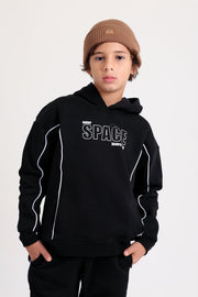 boys cotton hoodie – black with "outer space" print