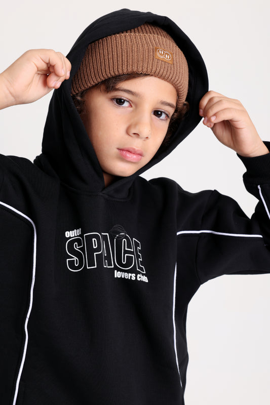 boys cotton hoodie – black with "outer space" print