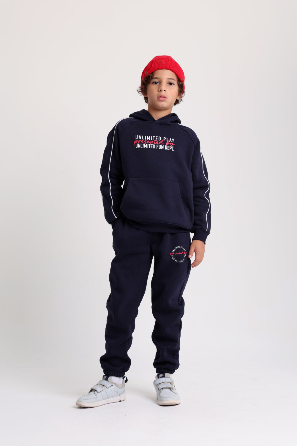 boys cotton hoodie – navy with "unlimited play presented by unlimited fun dept" print