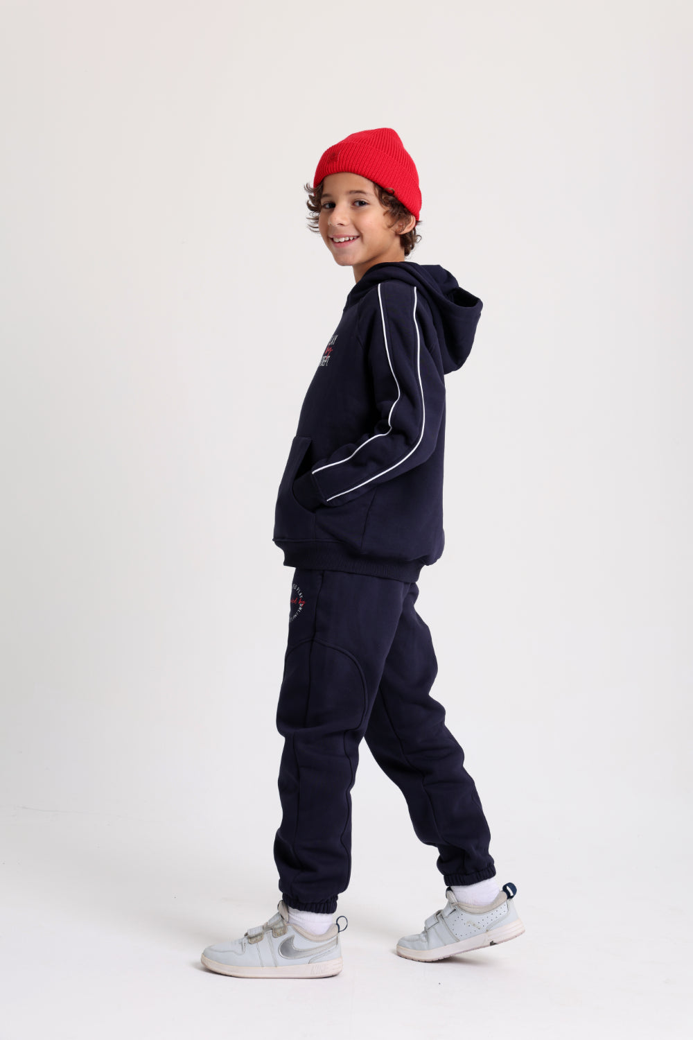 boys cotton hoodie – navy with "unlimited play presented by unlimited fun dept" print
