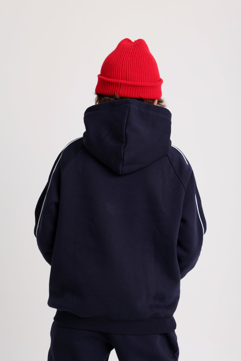 boys cotton hoodie – navy with "unlimited play presented by unlimited fun dept" print