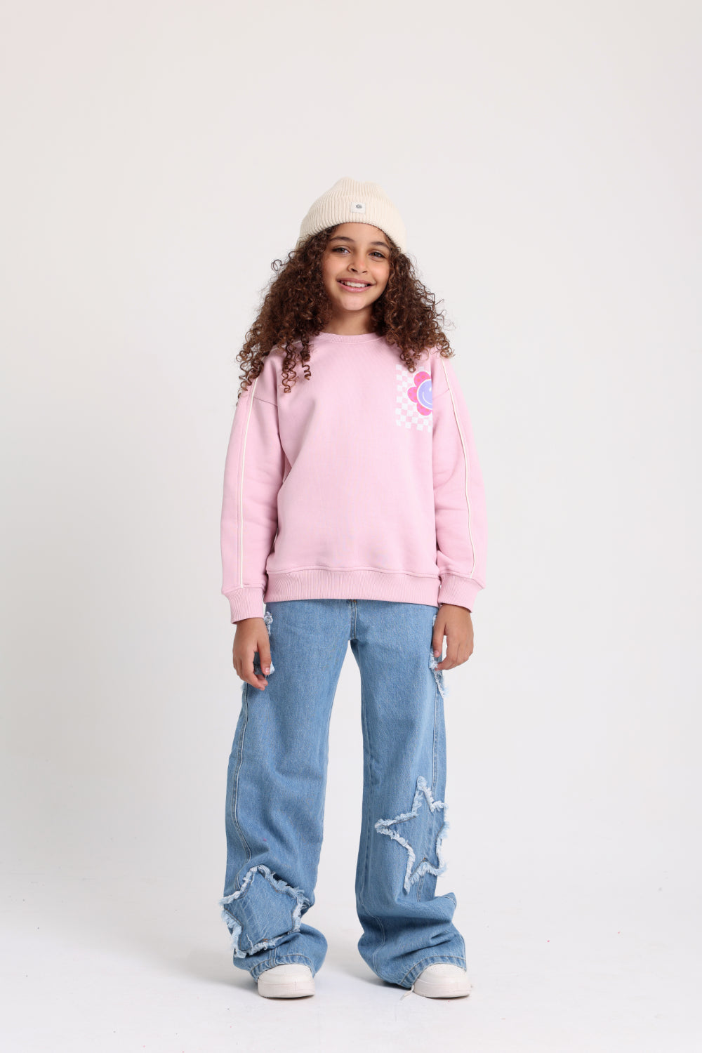 girls cotton sweatshirt – pink with smiley flowers