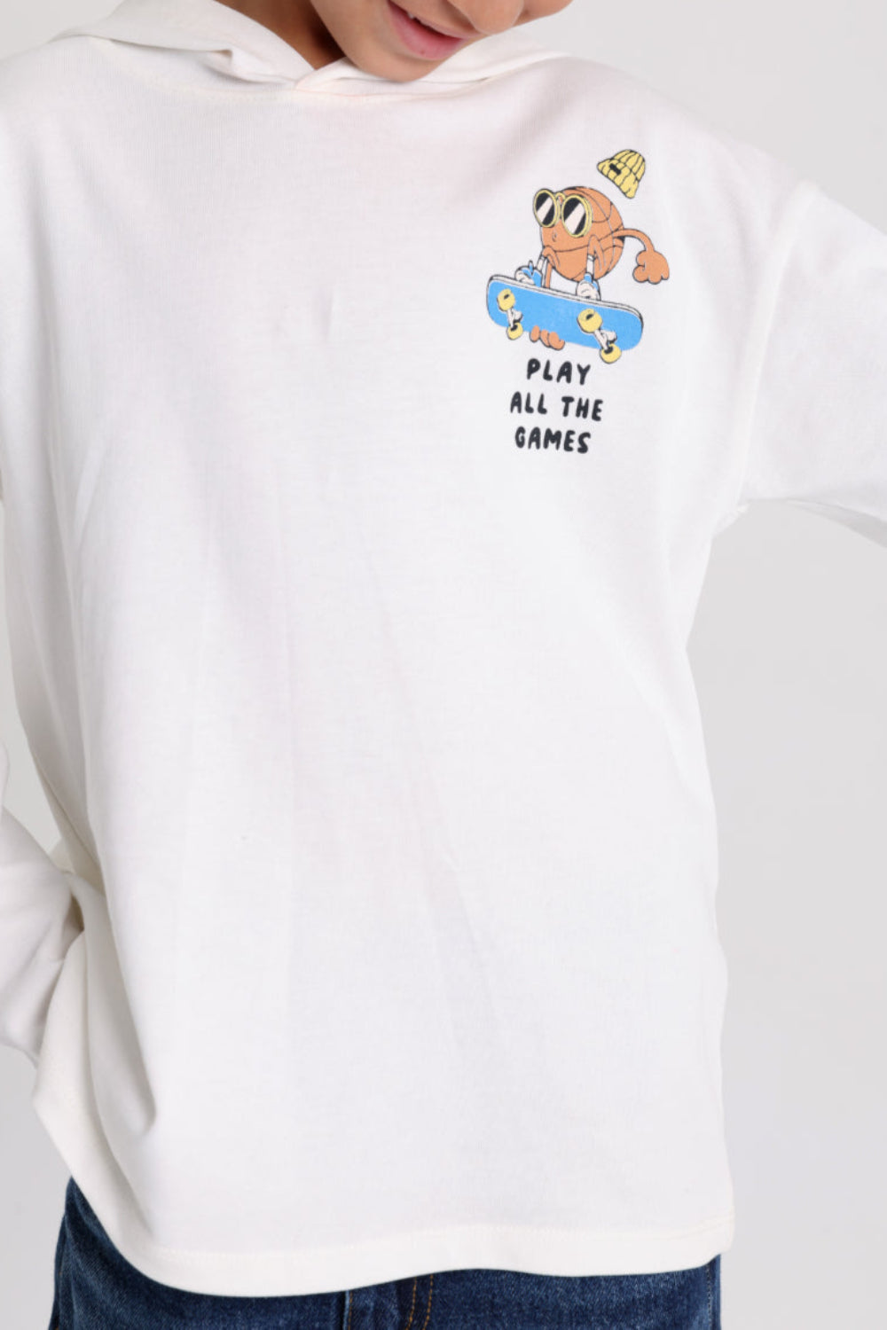unisex cotton hooded – offwhite with "play all the games" print