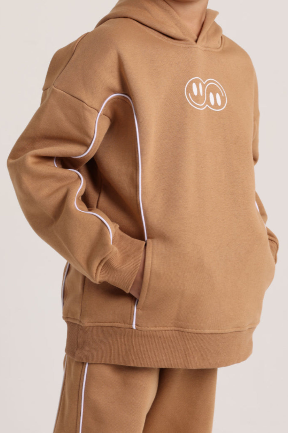 boys cotton hoodie – camel with "jumping mode on" design