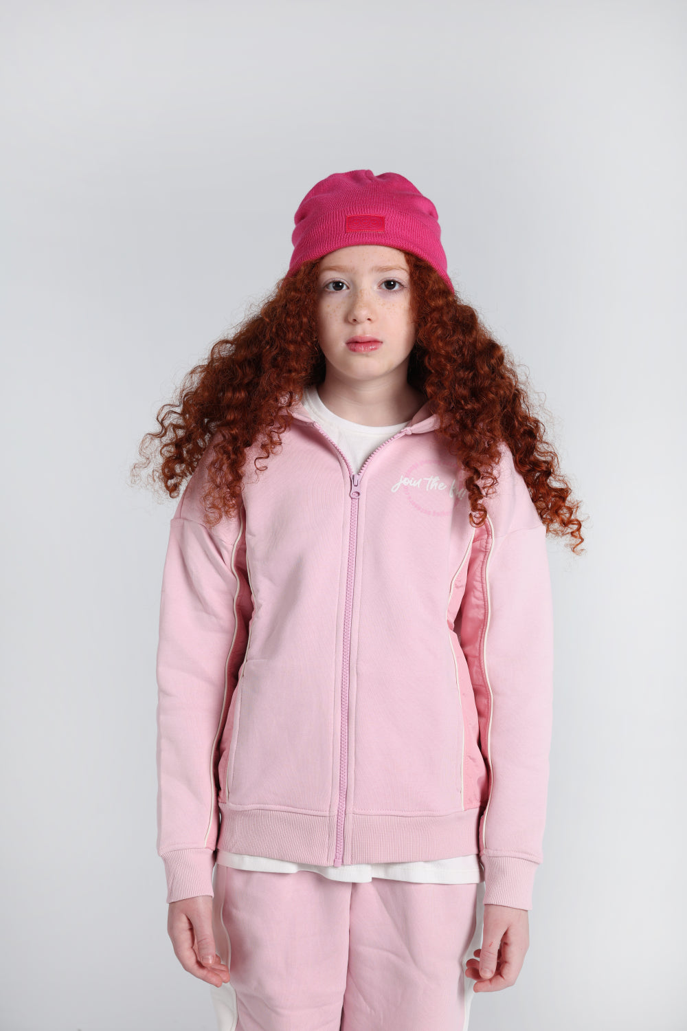 girls cotton hoodie – pink with “join the fun“ print