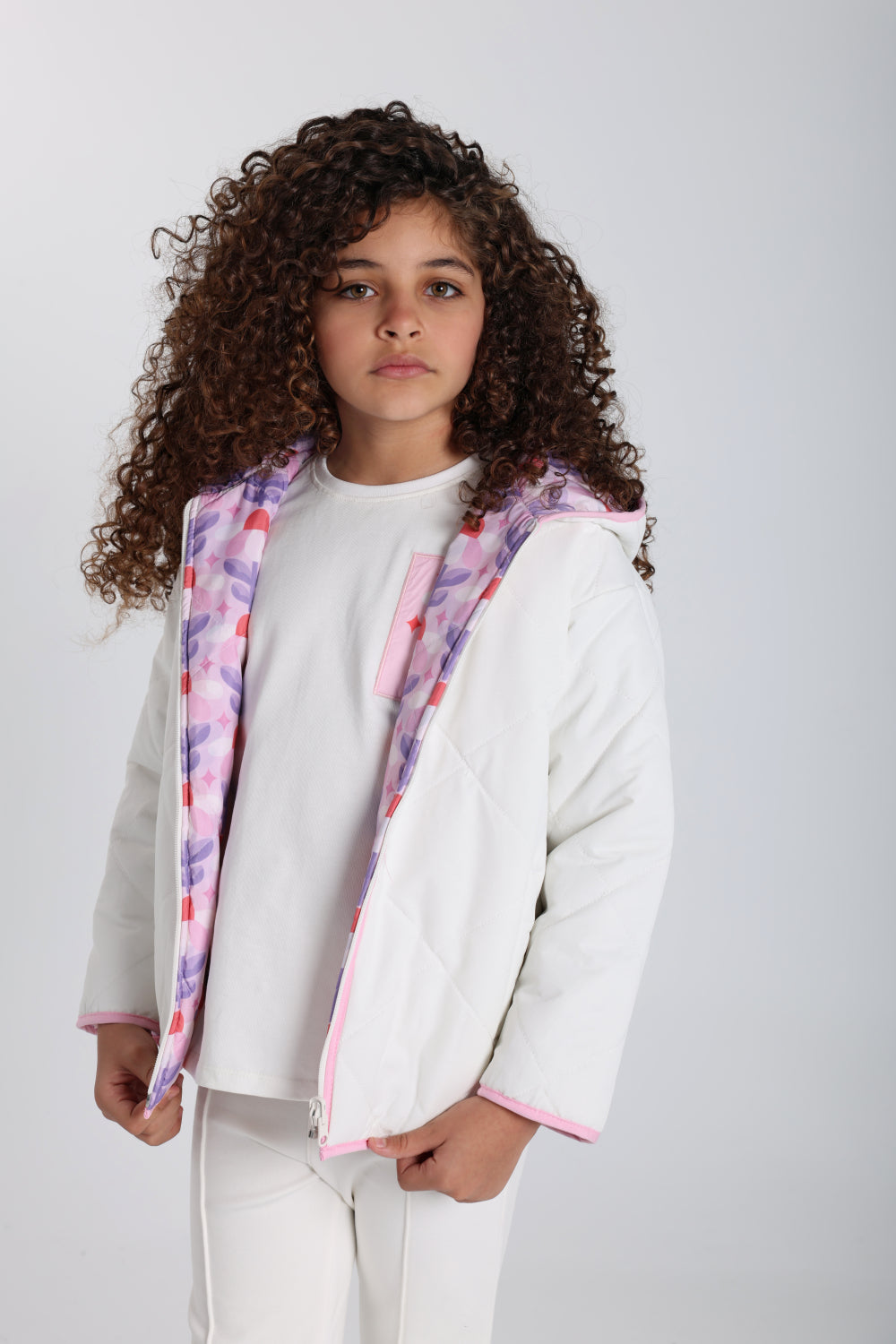 Girls Waterproof Reversible Quilted Jacket –Off White & Pink Floral