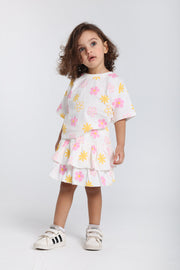 baby girls cotton outfit set – offwhite printed flowers short sleeves