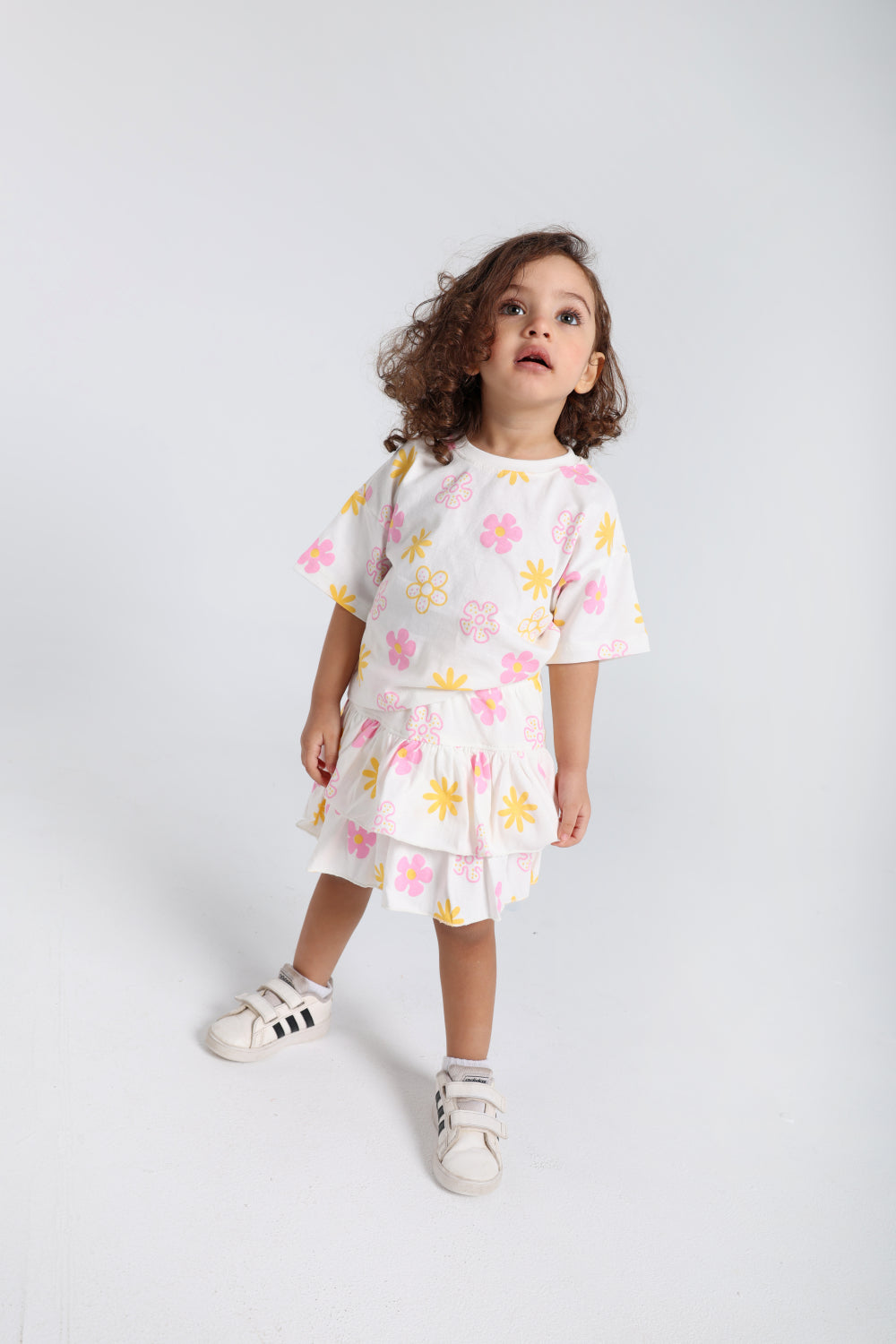 baby girls cotton outfit set – offwhite printed flowers short sleeves