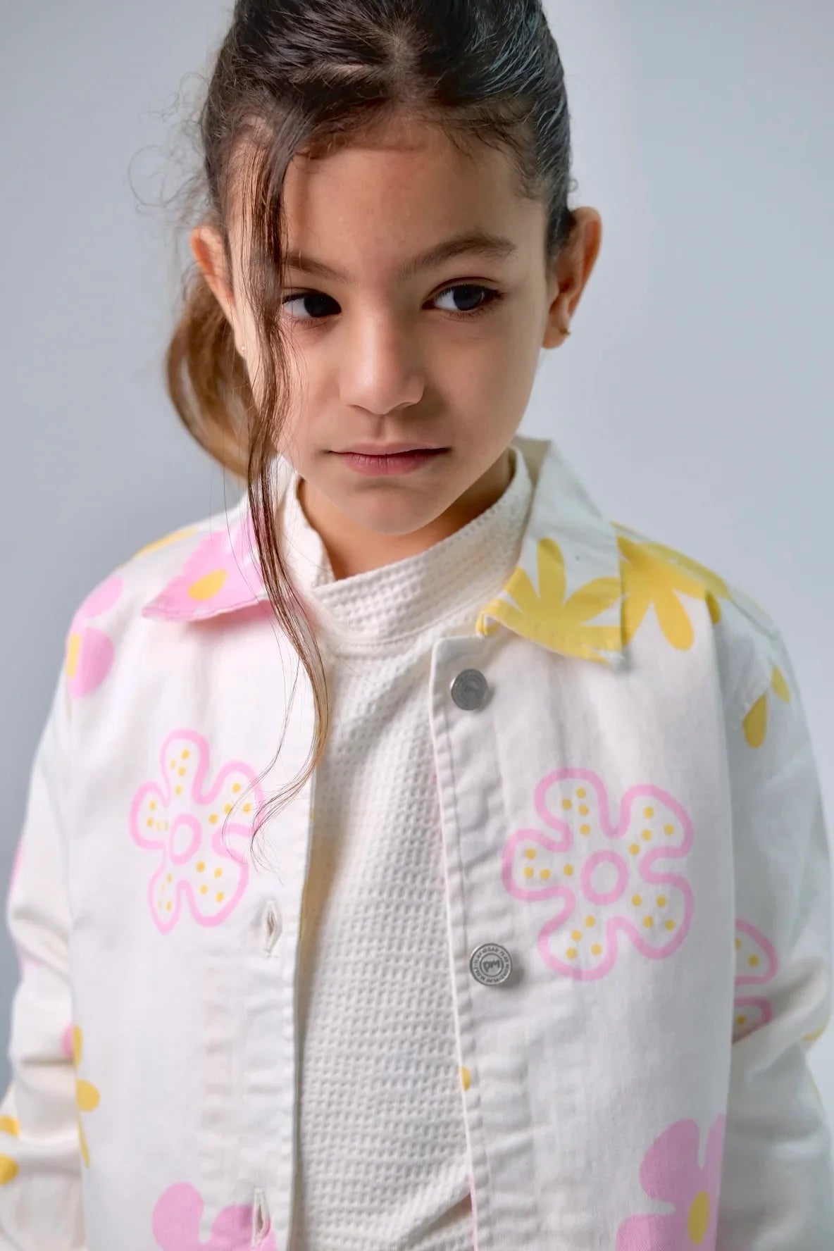 girls printed gabardine jacket – offwhite with flowers - playmore