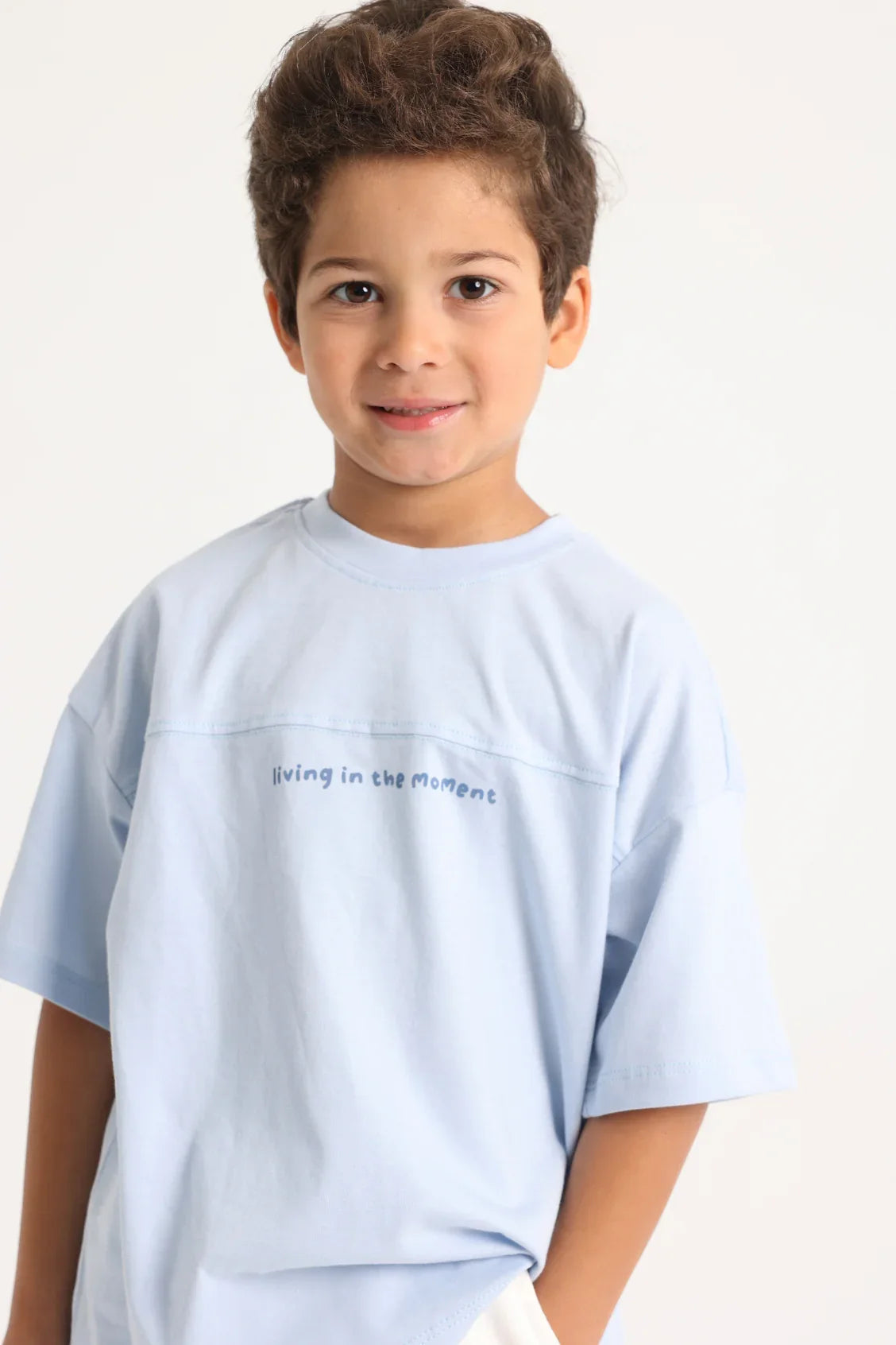 unisex kids cotton t-shirt – baby blue "living in the moment" - playmore