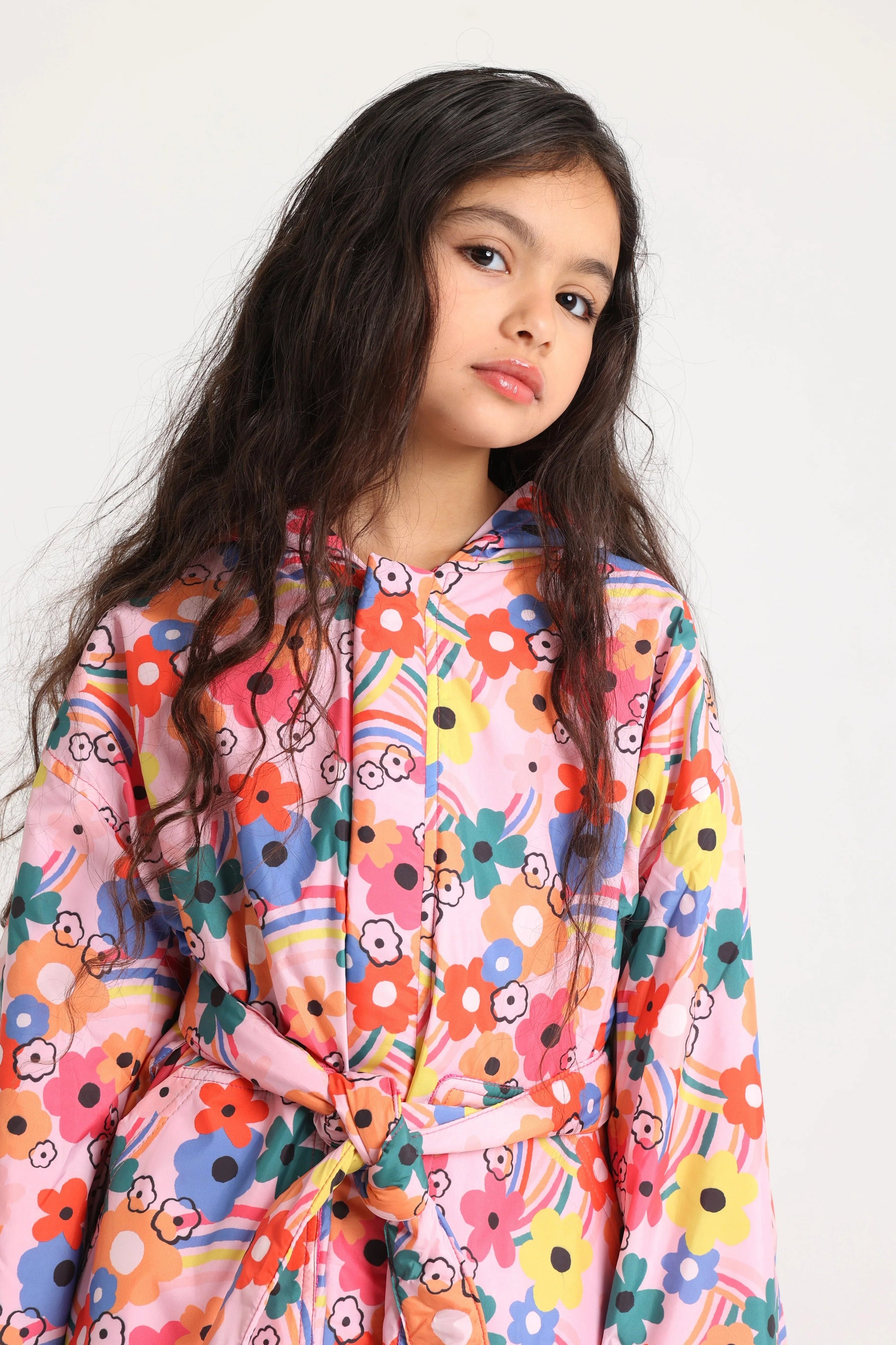 Girls Swim Robe – Pink Flower Print Sleeves - playmore