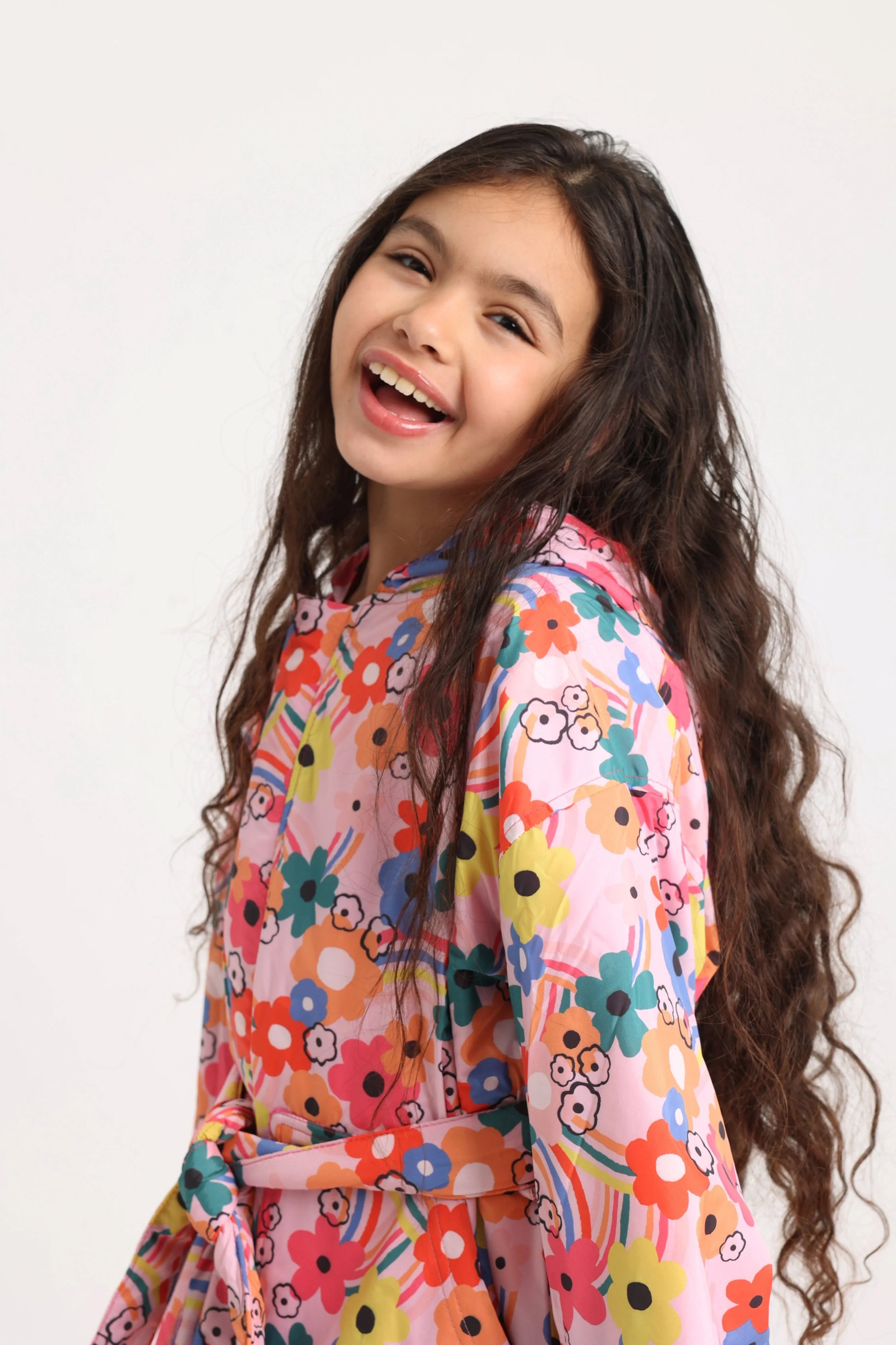 Girls Swim Robe – Pink Flower Print Sleeves - playmore