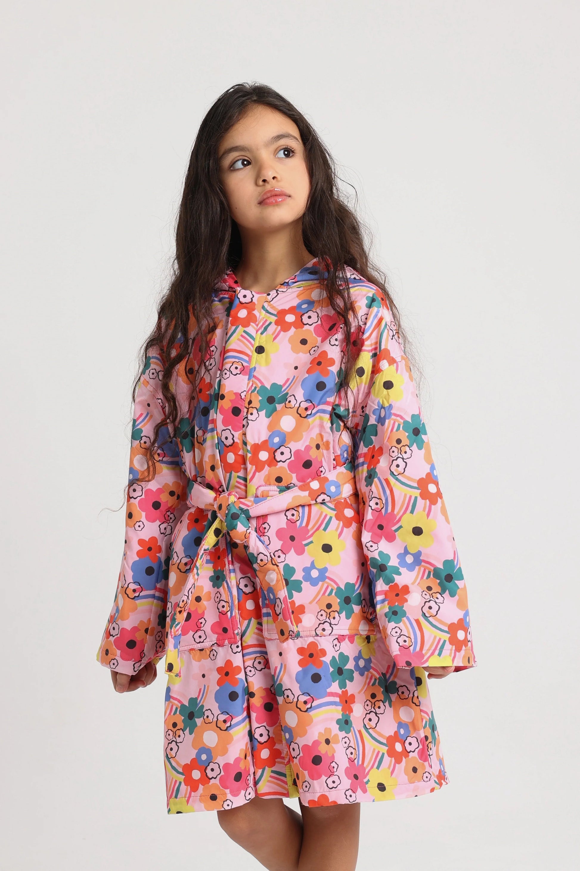 Girls Swim Robe – Pink Flower Print Sleeves - playmore