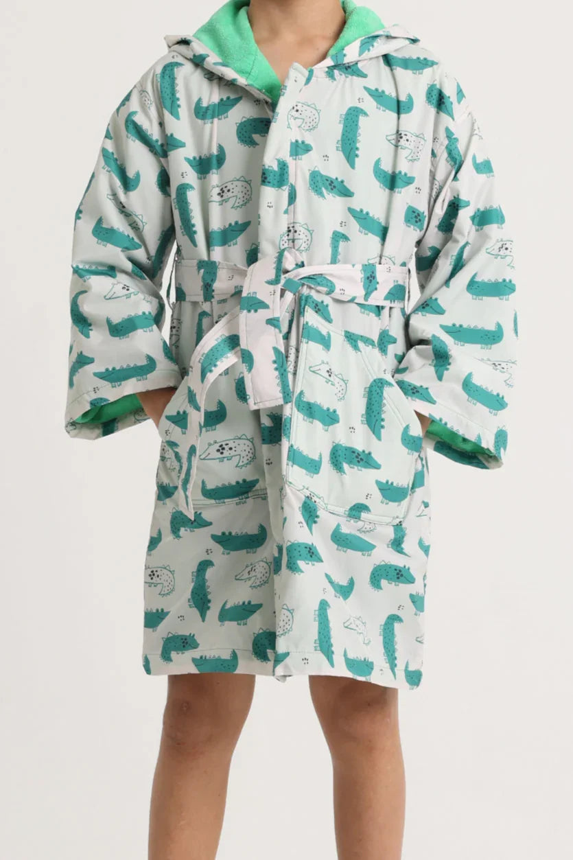 unisex swim robe – beige with crocodiles print - playmore