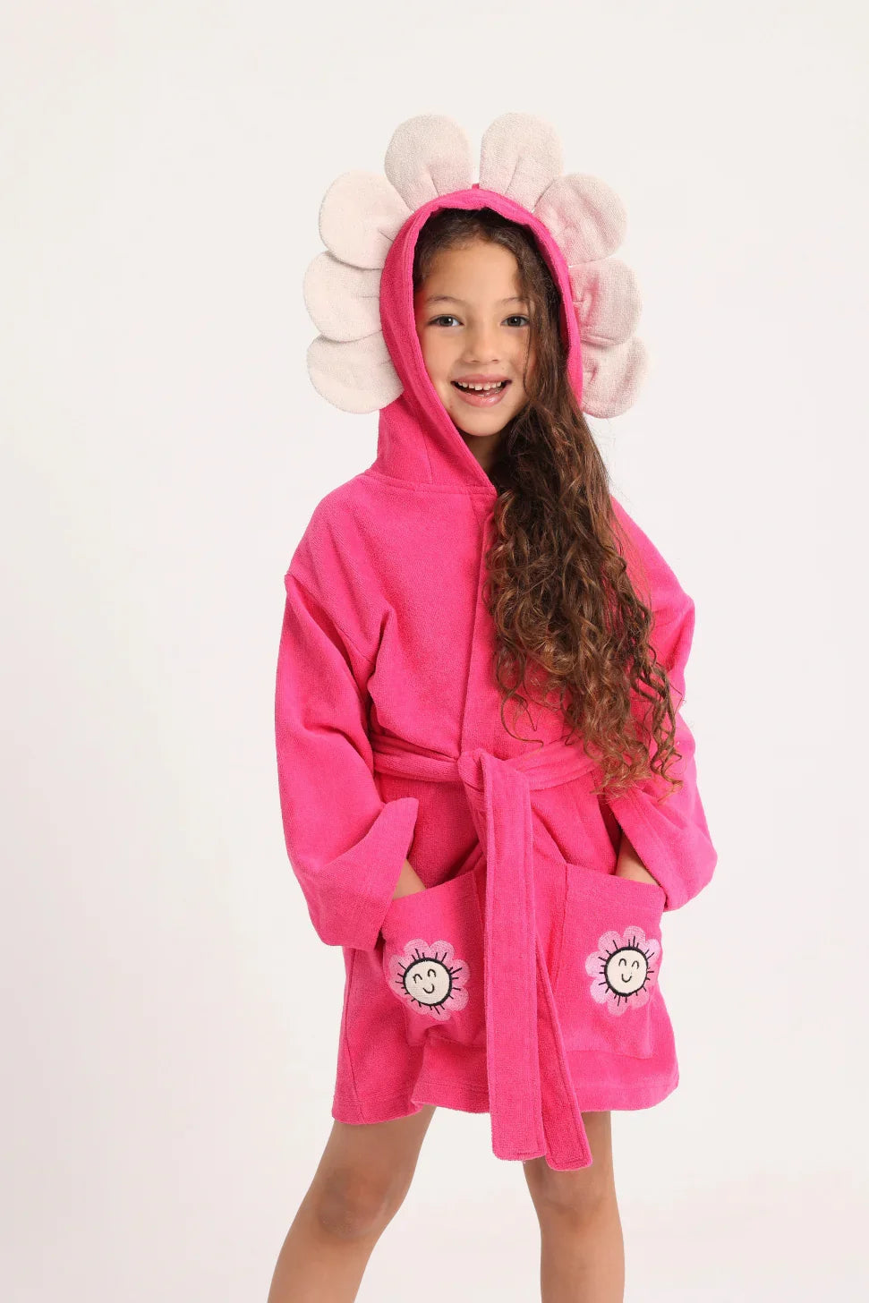 girls swim robe – fuchsia flowers smile sleeves - playmore