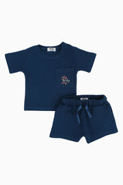 Unisex Baby Outfit Set – Petrol Blue Waffle Short Sleeves - playmore