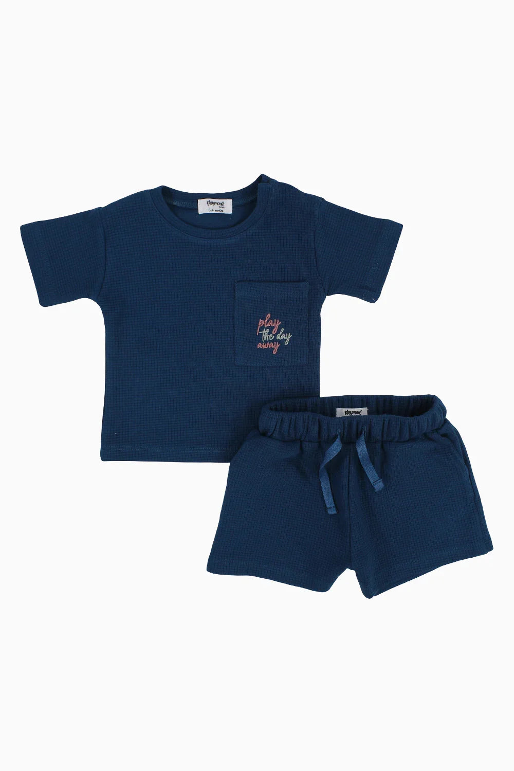Unisex Baby Outfit Set – Petrol Blue Waffle Short Sleeves - playmore