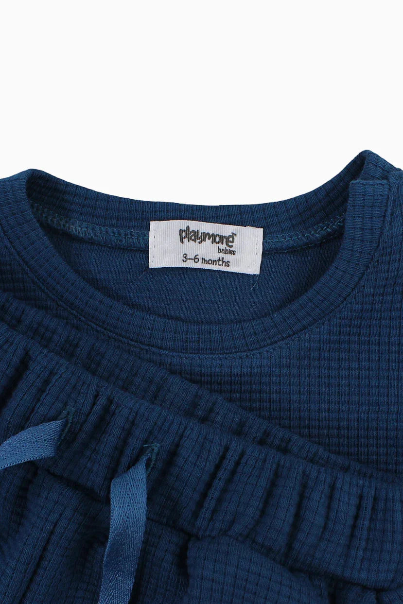 Unisex Baby Outfit Set – Petrol Blue Waffle Short Sleeves - playmore