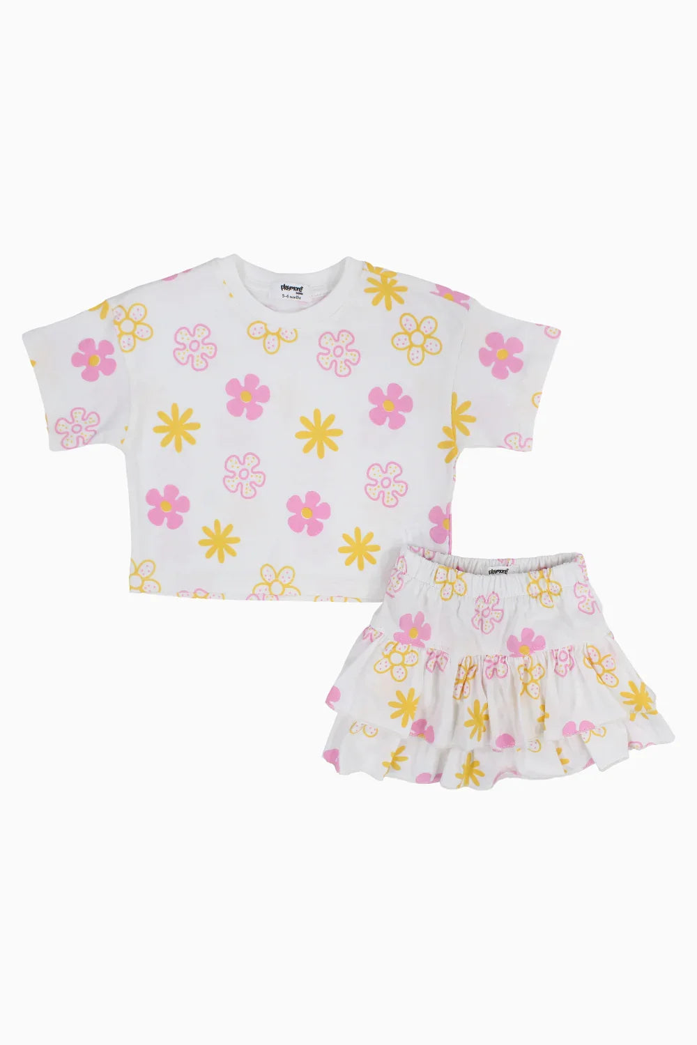 Baby Girls Cotton Outfit Set – Offwhite Printed Flowers Short Sleeves - playmore