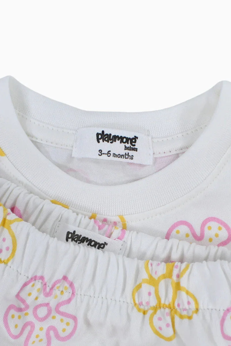 Baby Girls Cotton Outfit Set – Offwhite Printed Flowers Short Sleeves - playmore