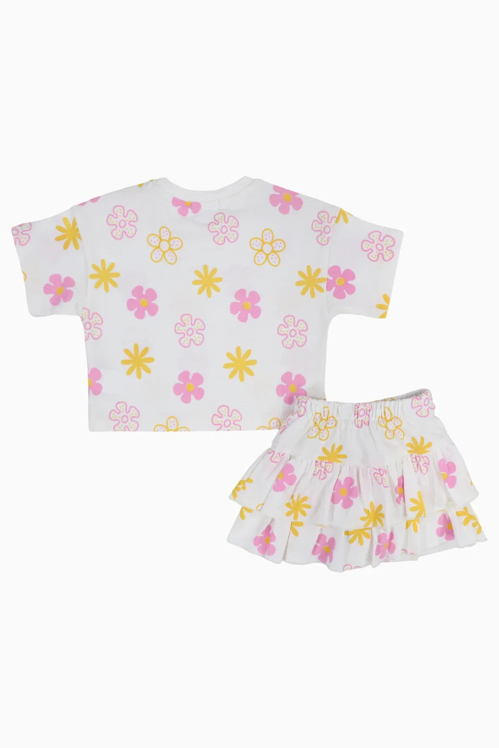 Baby Girls Cotton Outfit Set – Offwhite Printed Flowers Short Sleeves - playmore