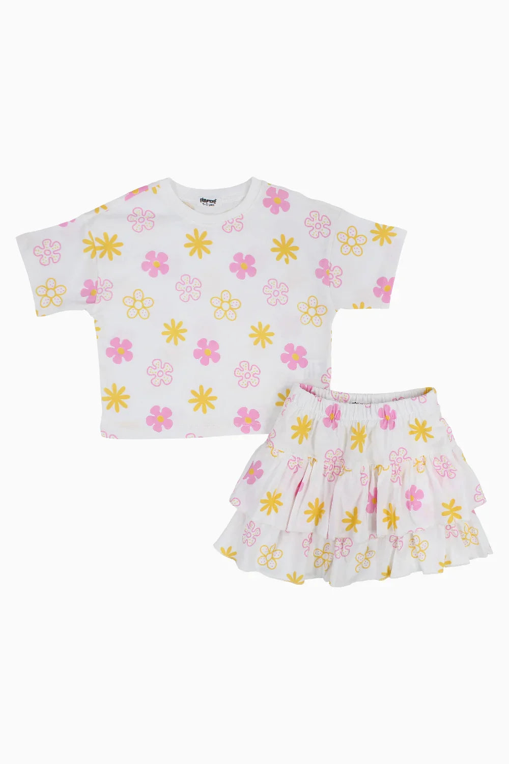 Girls Cotton Outfit Set – Offwhite Printed Flowers Short Sleeves - playmore