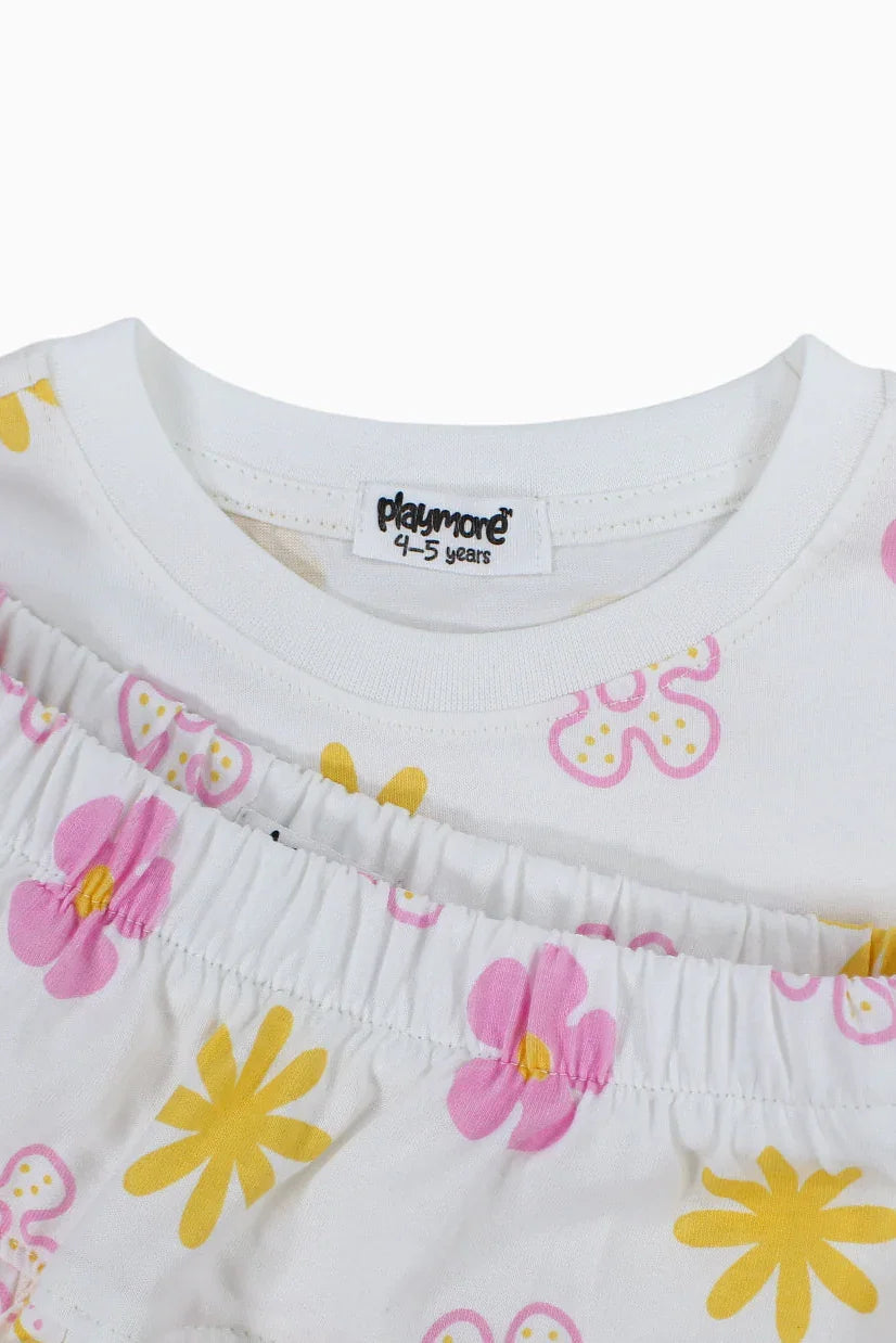 Girls Cotton Outfit Set – Offwhite Printed Flowers Short Sleeves - playmore
