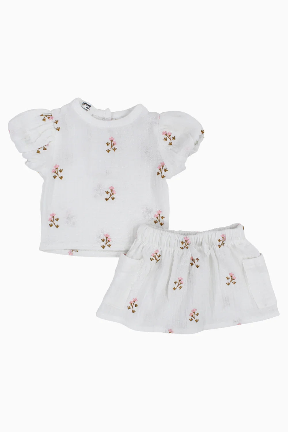 Baby Girls Cotton Outfit Set – Offwhite Embroidery Flowers Short Sleeves - playmore
