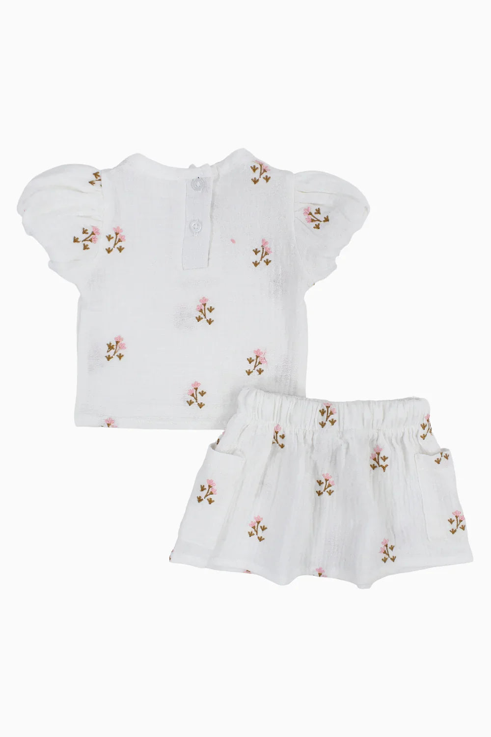 Baby Girls Cotton Outfit Set – Offwhite Embroidery Flowers Short Sleeves - playmore