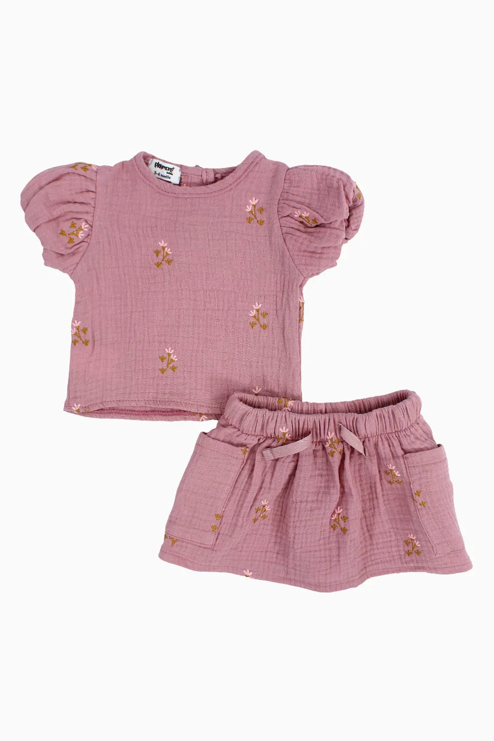 Baby Girls Cotton 2-Piece Outfit Set – Dusty Pink with Printed Flowers - playmore