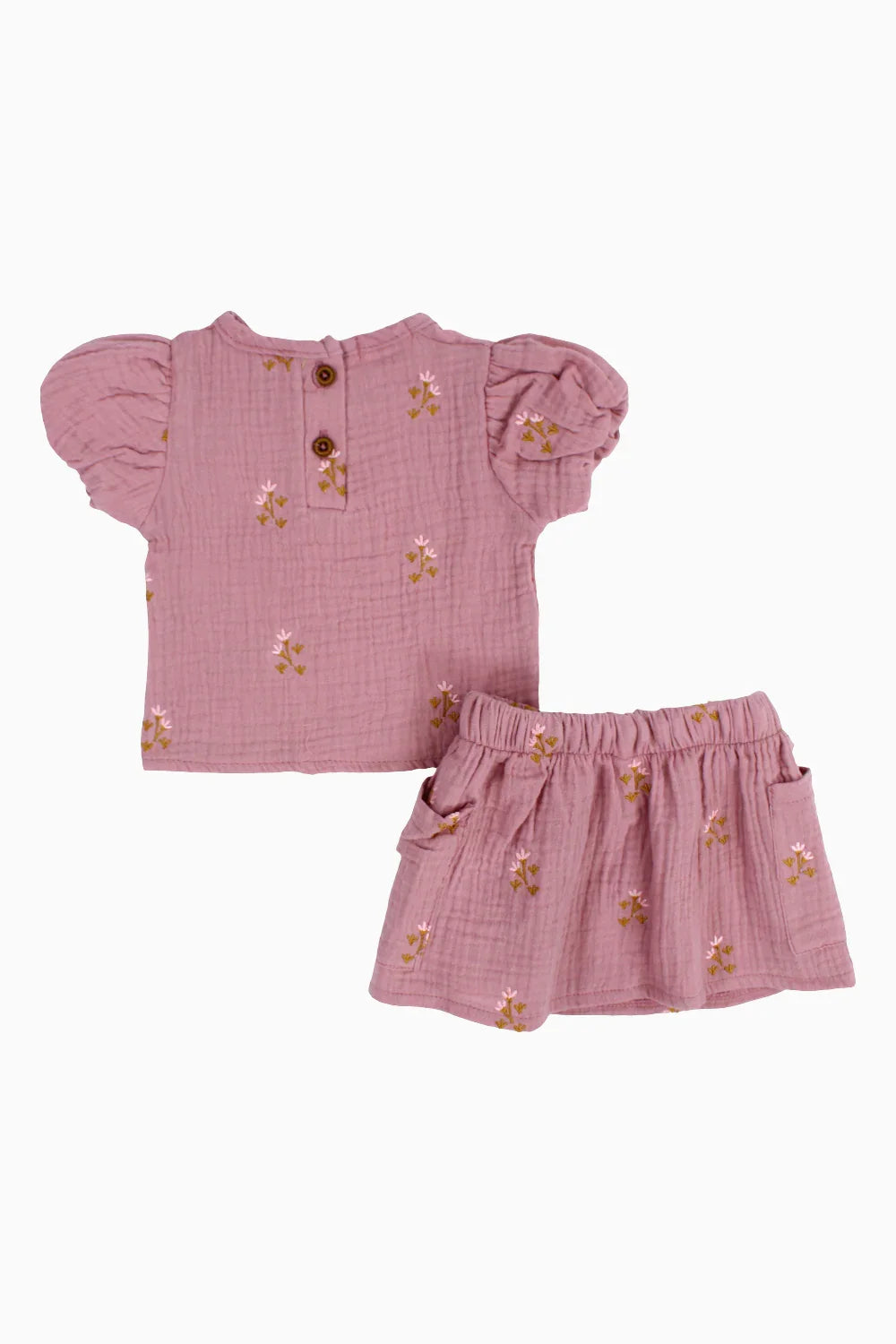 Baby Girls Cotton 2-Piece Outfit Set – Dusty Pink with Printed Flowers - playmore