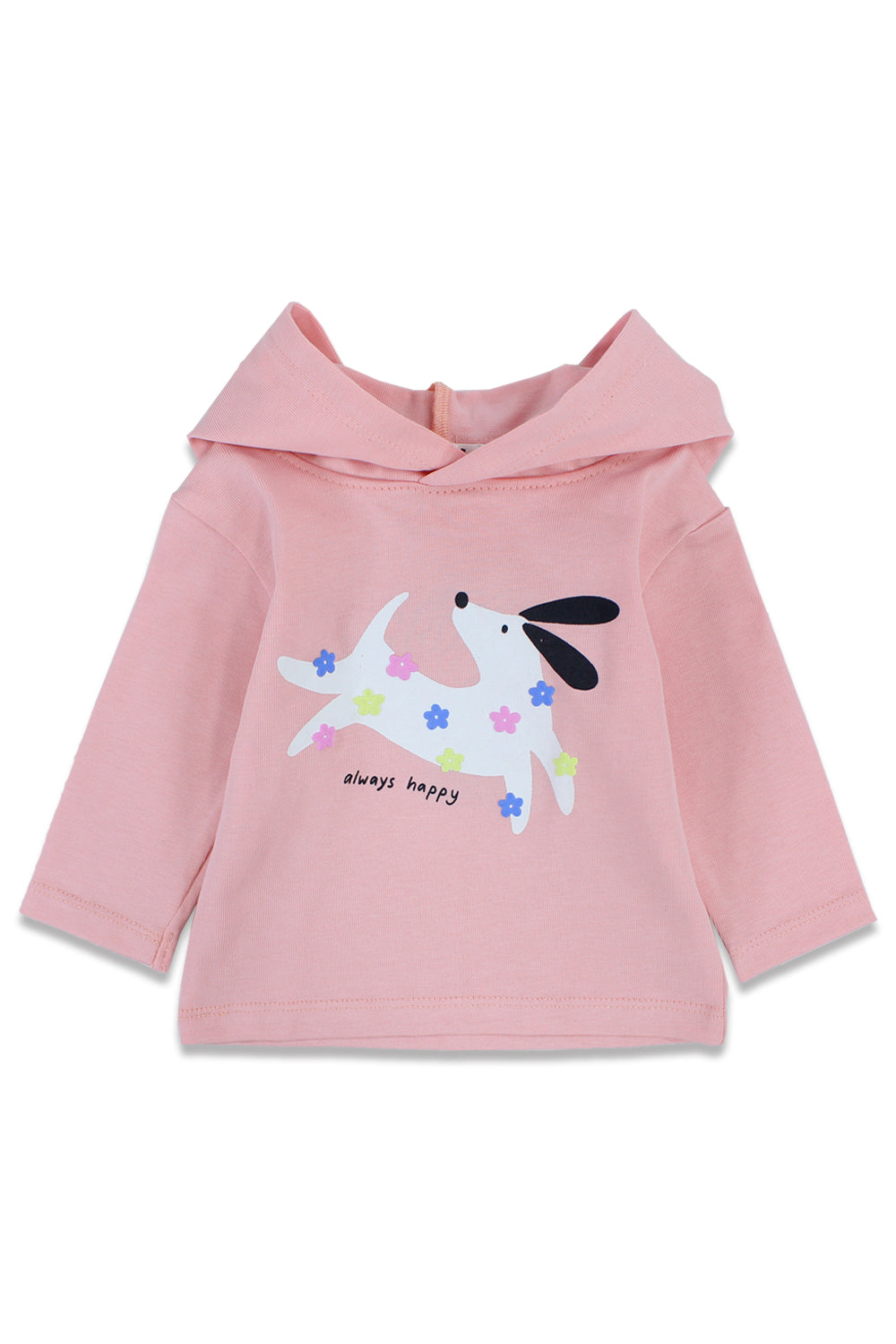 baby girls cotton hooded t-shirt simon with "always happy" dog print