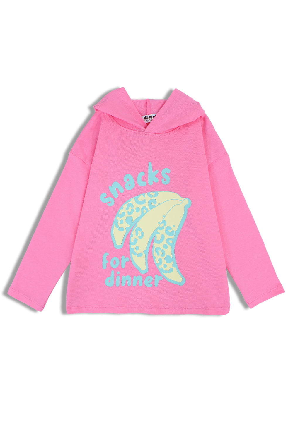 girls cotton hooded tee – pink with "snacks for dinner" bananas print
