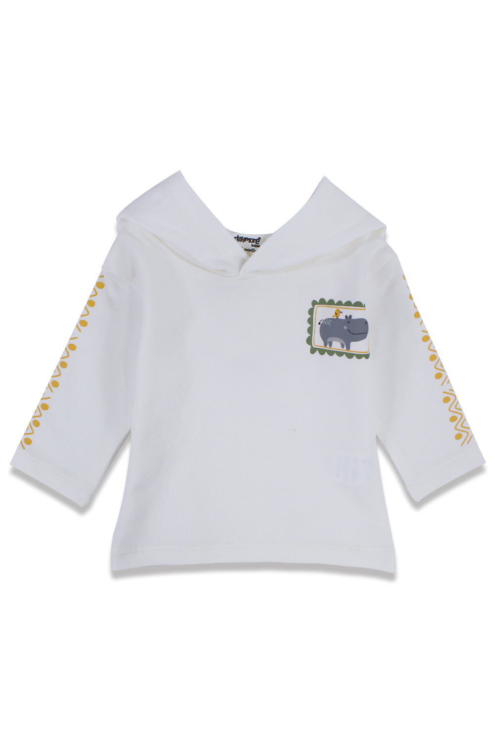 unisex cotton hooded t-shirt offwhite with hippopotamus print