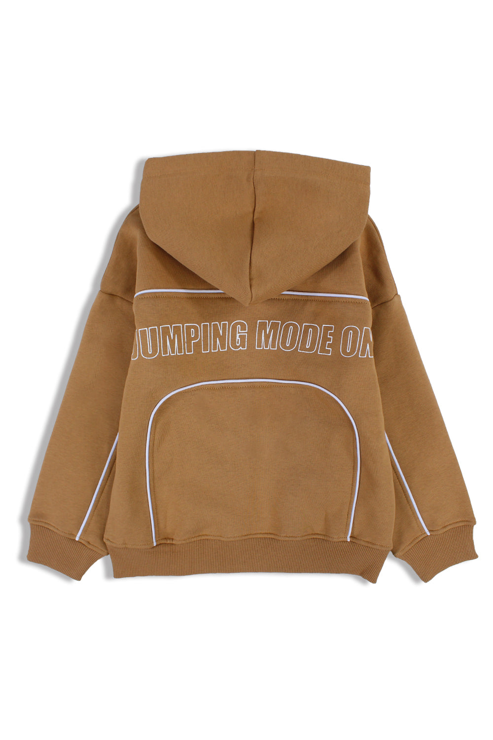 boys cotton hoodie – camel with "jumping mode on" design