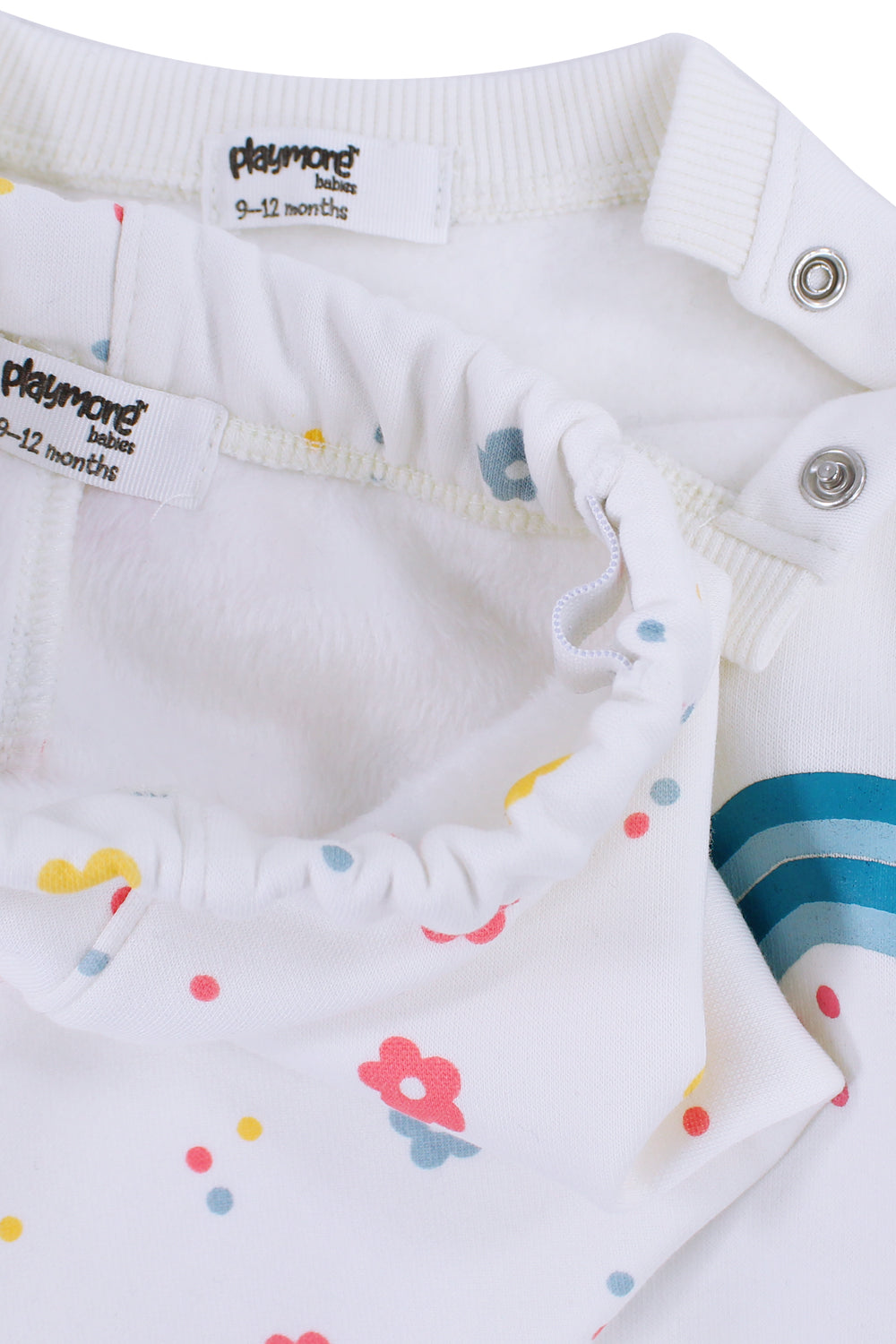 baby girls cotton outfit set – off-white with rainbow & flowers print