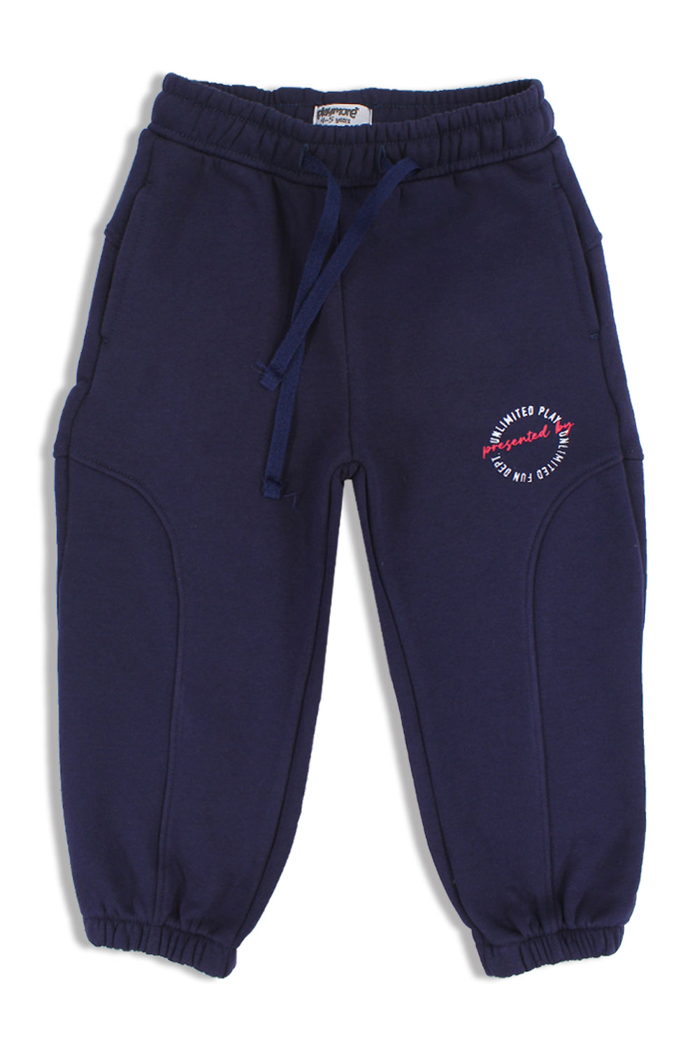 cotton sweatpants – navy with "unlimited play presented by unlimited fun dept" print
