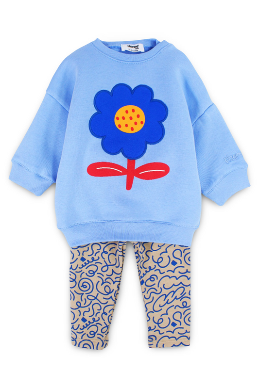 baby girls cotton 2-piece outfit set – baby blue with flower design